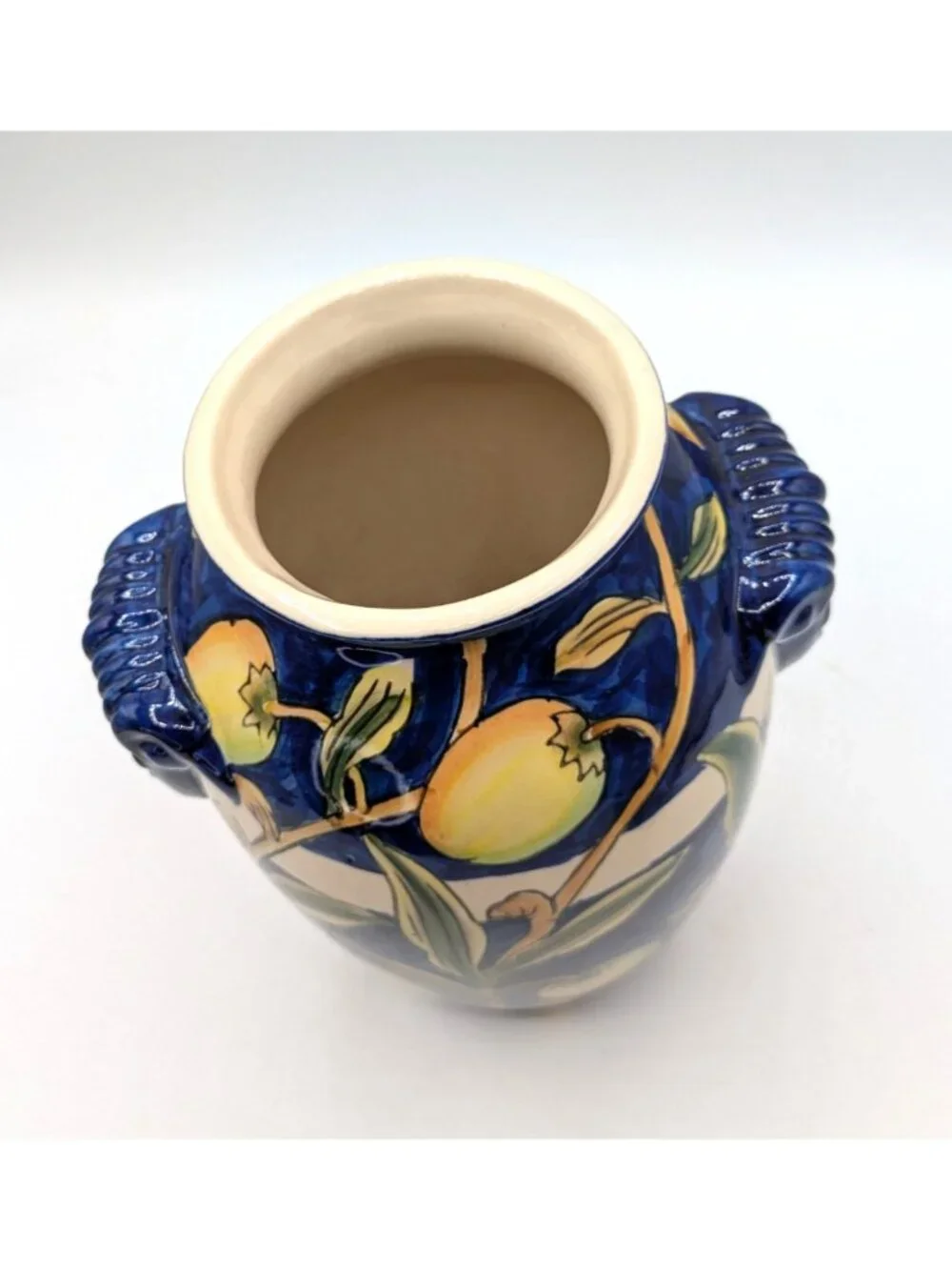 Vintage Handled Vase Cobalt Blue Majolica Mango Branch Ceramic 8